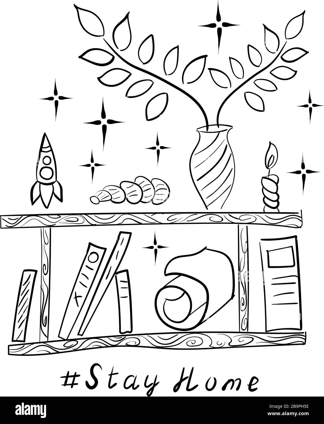 Wooden shelf with books, vases, plants, rolls of paper, shells, rocket, candle. Coronavirus poster design. Stay home Stock Vector