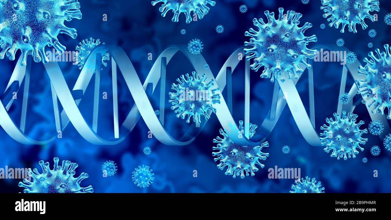 Virus outbreak medicine and Coronavirus or influenza background as dangerous flu strain with DNA as a pandemic medical health research concept. Stock Photo