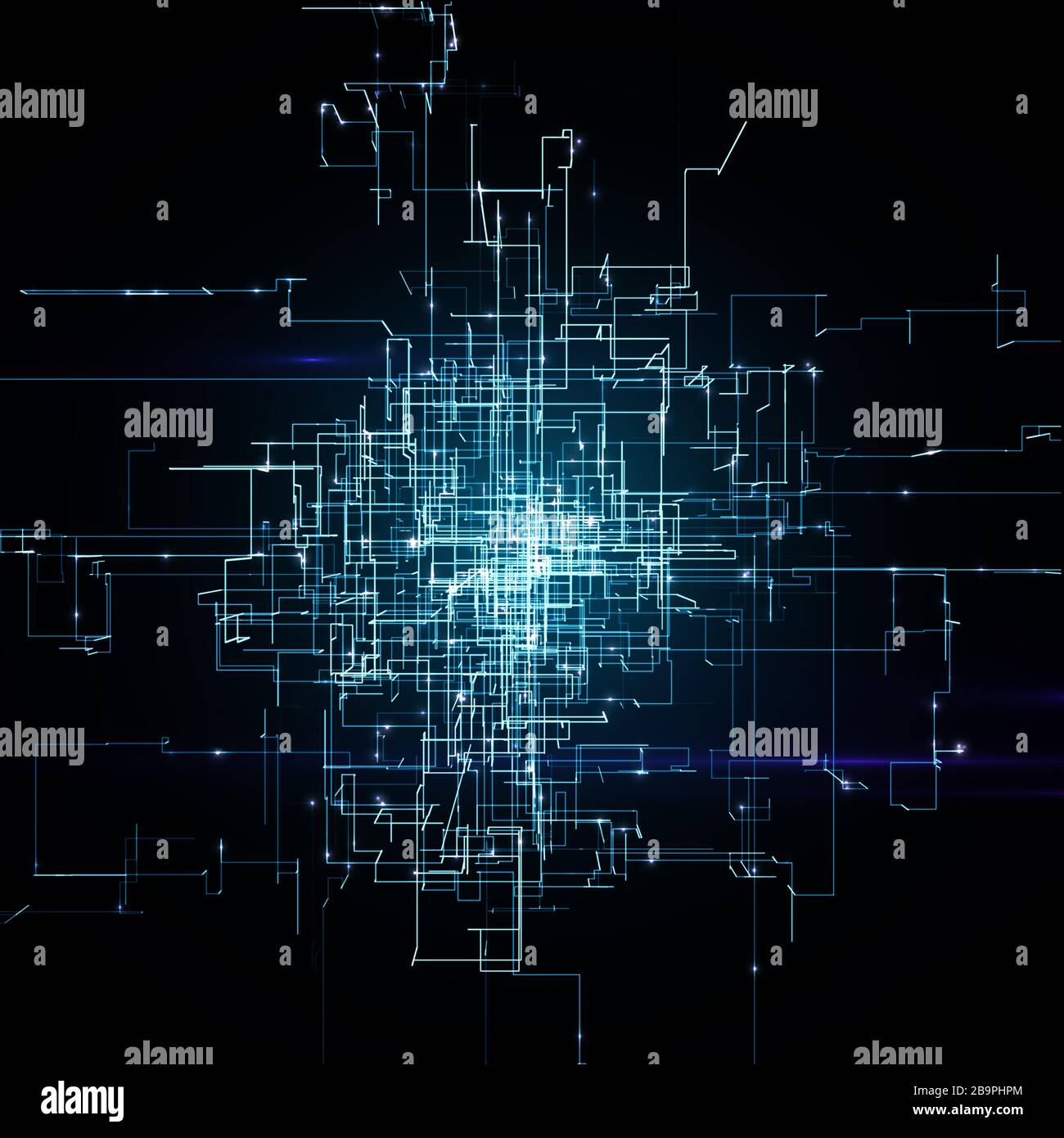 Digital Connectivity, Artificial Intelligence And Data Storage Concept. Glowing Electronic Circuit Board, Conductors And Neural Signals Stock Photo