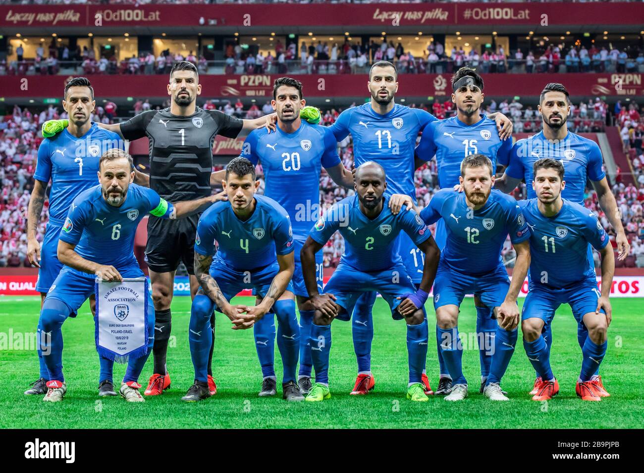 Israel national football team pose for a photo before the UEFA EURO 2020 Qualifiers (Group D) match between Poland and Israel at PGE Narodowy Stadium.(Final score; Poland 4:0 Israel) Stock Photo