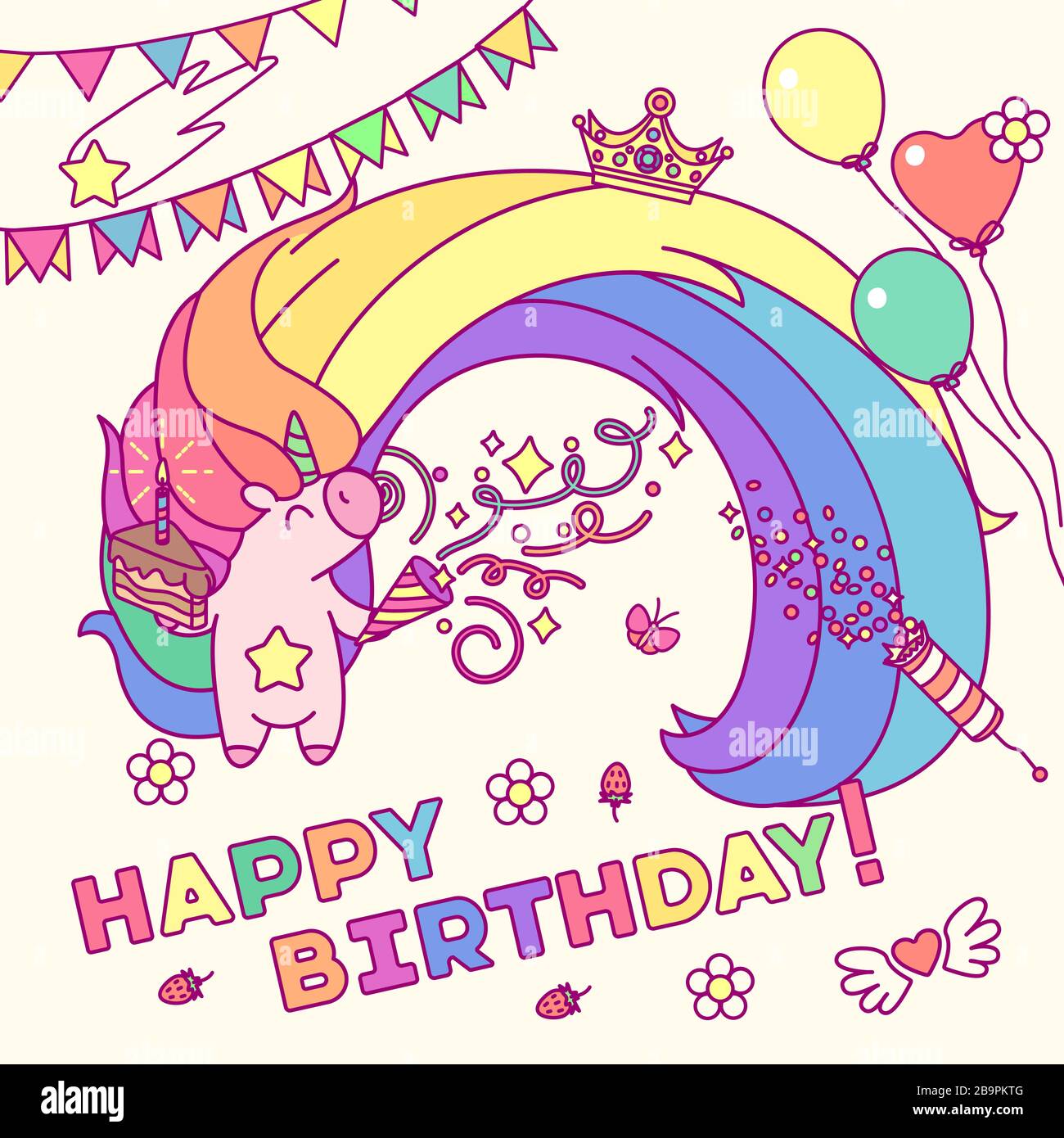 Vector Happy Birthday Rainbow Unicorn Card Clip Art Stock Vector Image Art Alamy