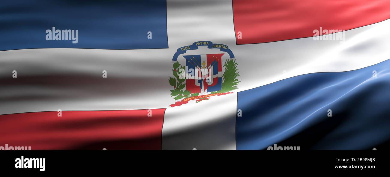 Dominican Republic sign symbol. Dominican Republic national flag waving texture background, banner. 3d illustration Stock Photo
