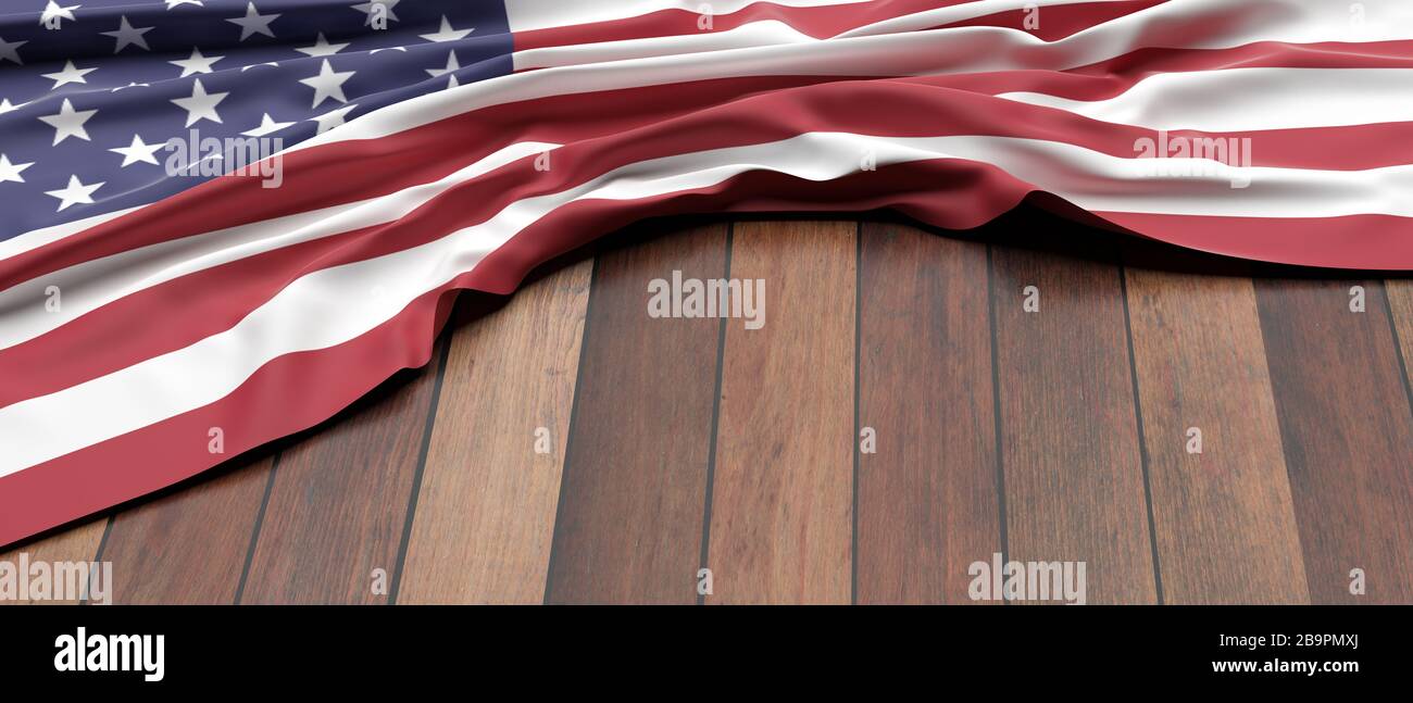US of America flag. US sign symbol placed on wooden table background. American Union languages, culture concept, copy space, template mockup. 3d illus Stock Photo