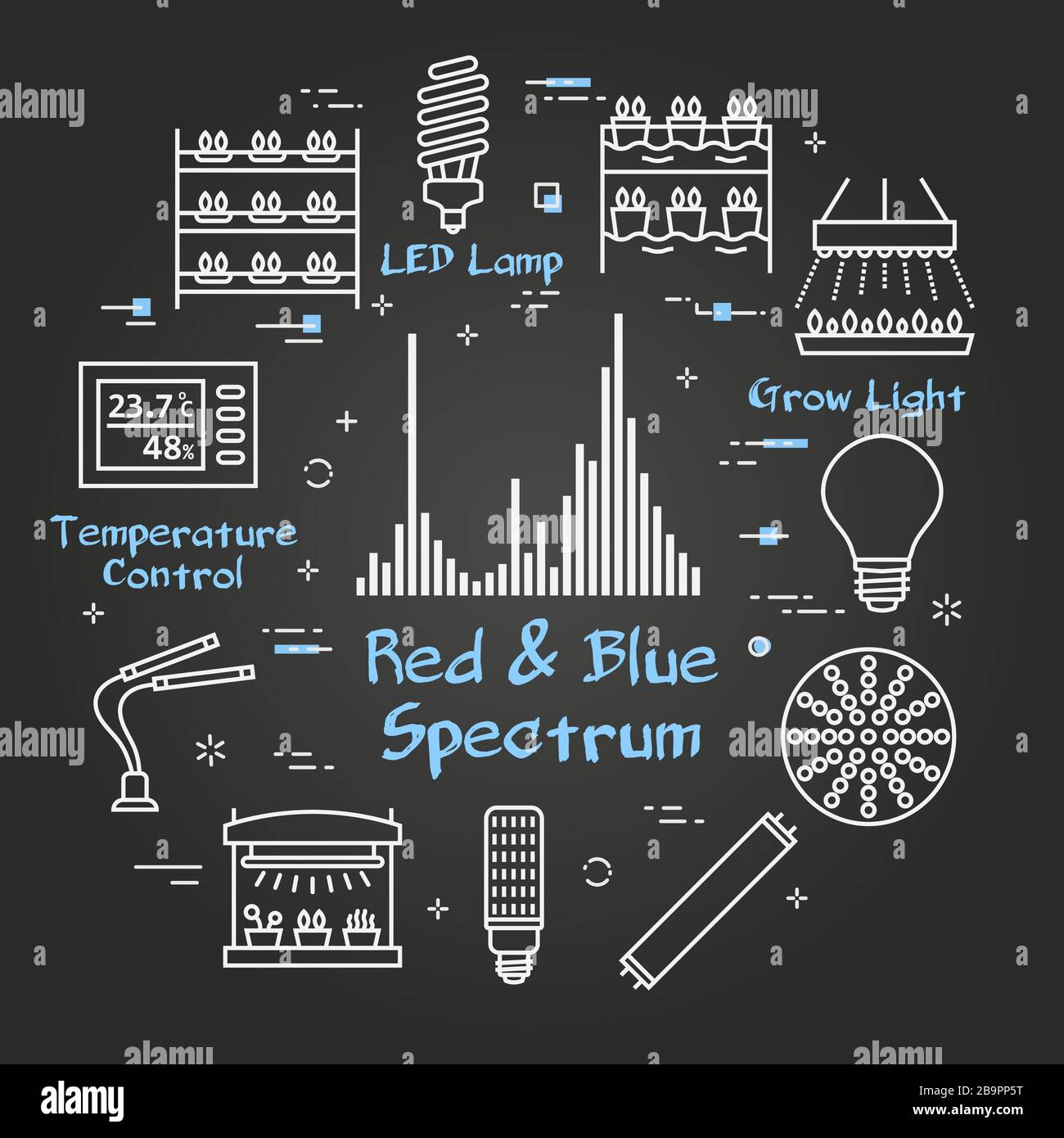 Vector black concept of hydroponic and growth led light - red and blue spectrum Stock Vector