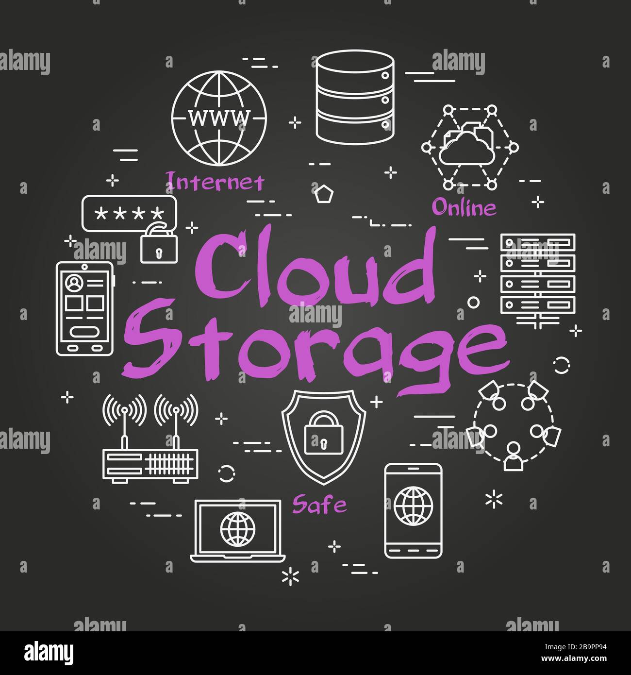 Vector black line concept of internet secure network technology as cloud storage Stock Vector