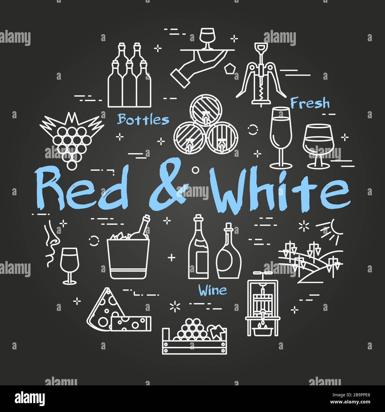 Vector black line round Red and White wine concept Stock Vector