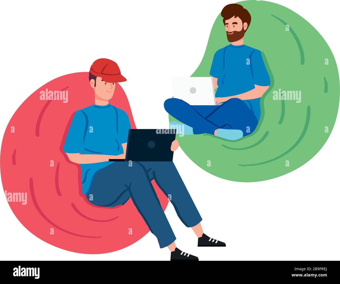 men working in telecommuting with laptop sitting in pouf soft Stock ...
