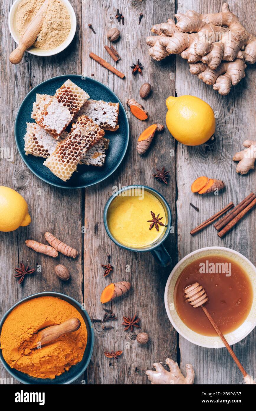 Ingredients for turmeric latte. Turmeric powder, curcuma root, cinnamon