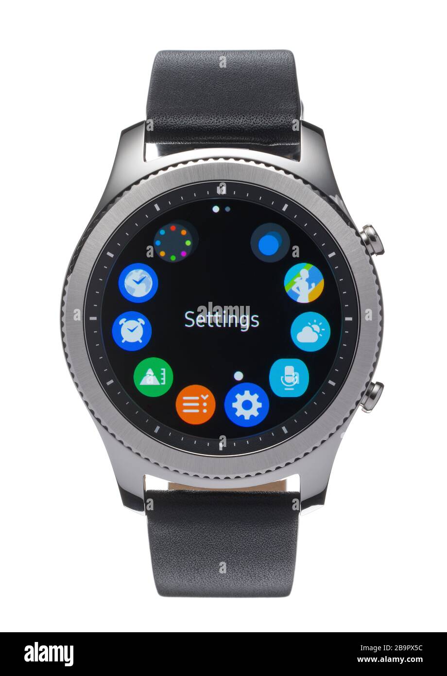 Samsung Gear classic watch with settings page on watch face. Stock Photo