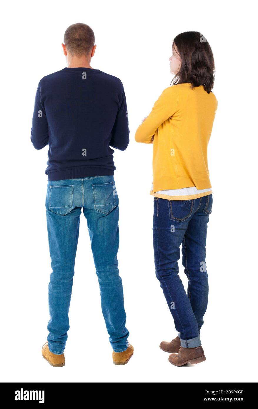 Back view couple in sweater. beautiful man and woman. Rear view people ...