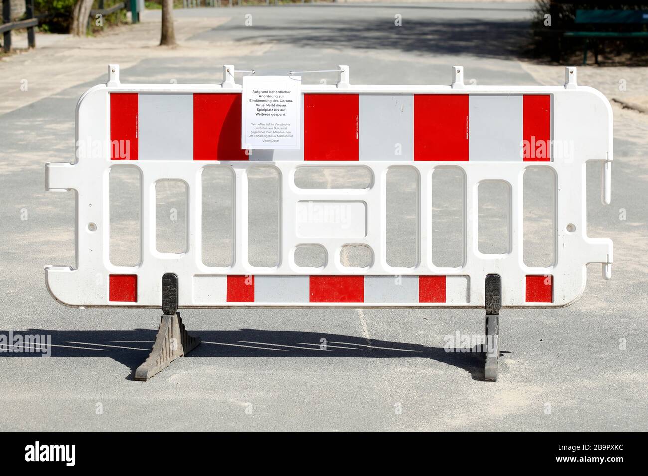 Playground, barrier, sign of playground closed due to corona virus, forbidden to enter, Germany, Europe Stock Photo