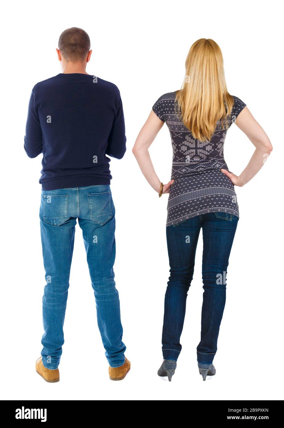 Back view couple in sweater. beautiful man and woman. Rear view people ...