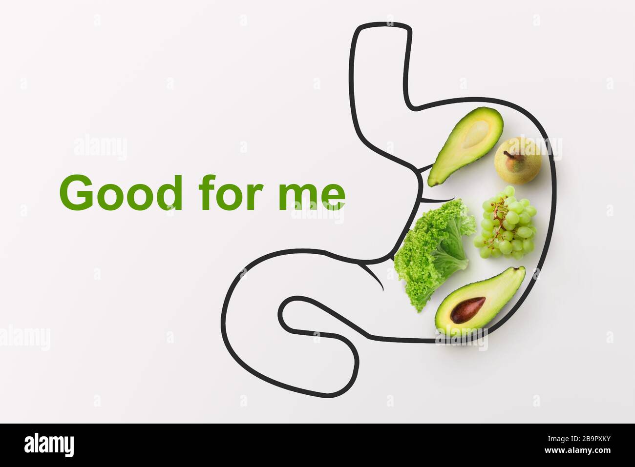 Foods for healthy digestive system. Fruits and veggies with outline of