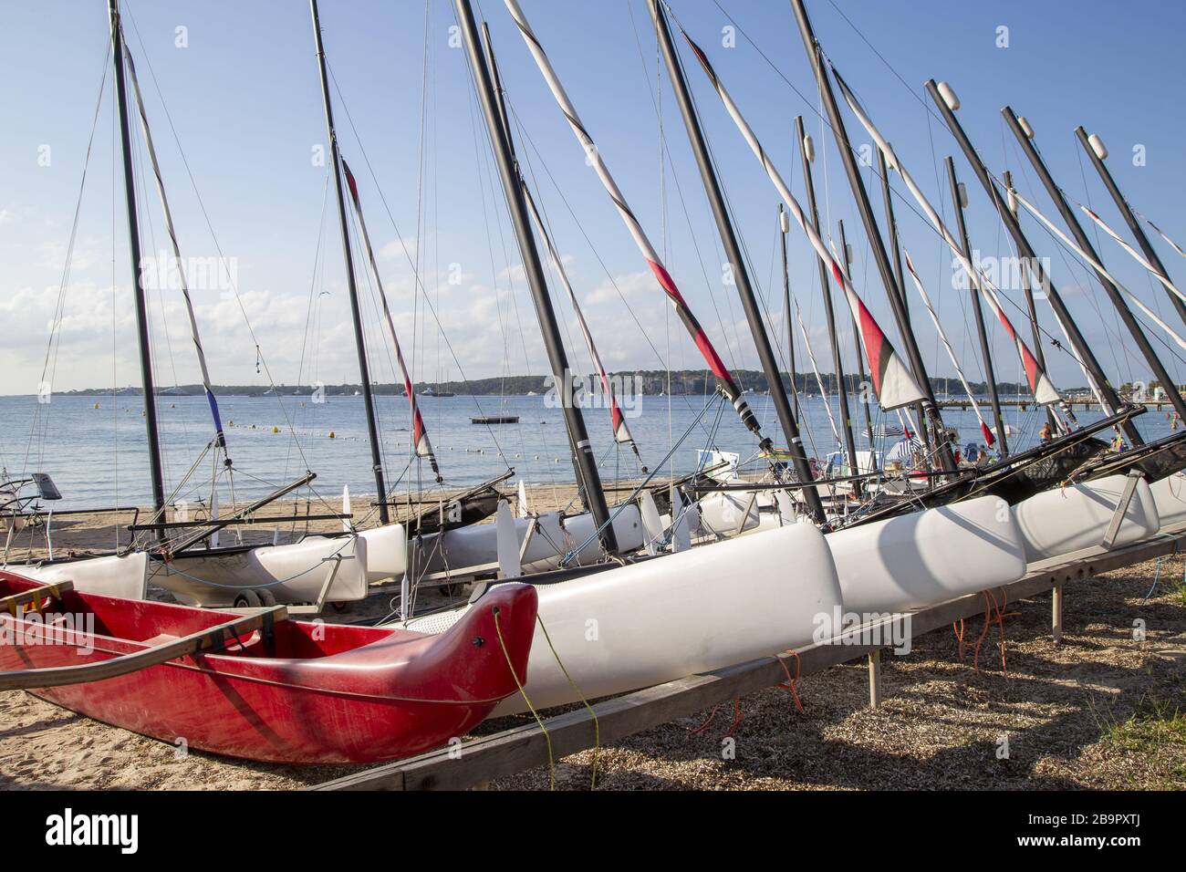 Catamarans on the beach in the french town of Cannes on the french riviera. Stock Photo