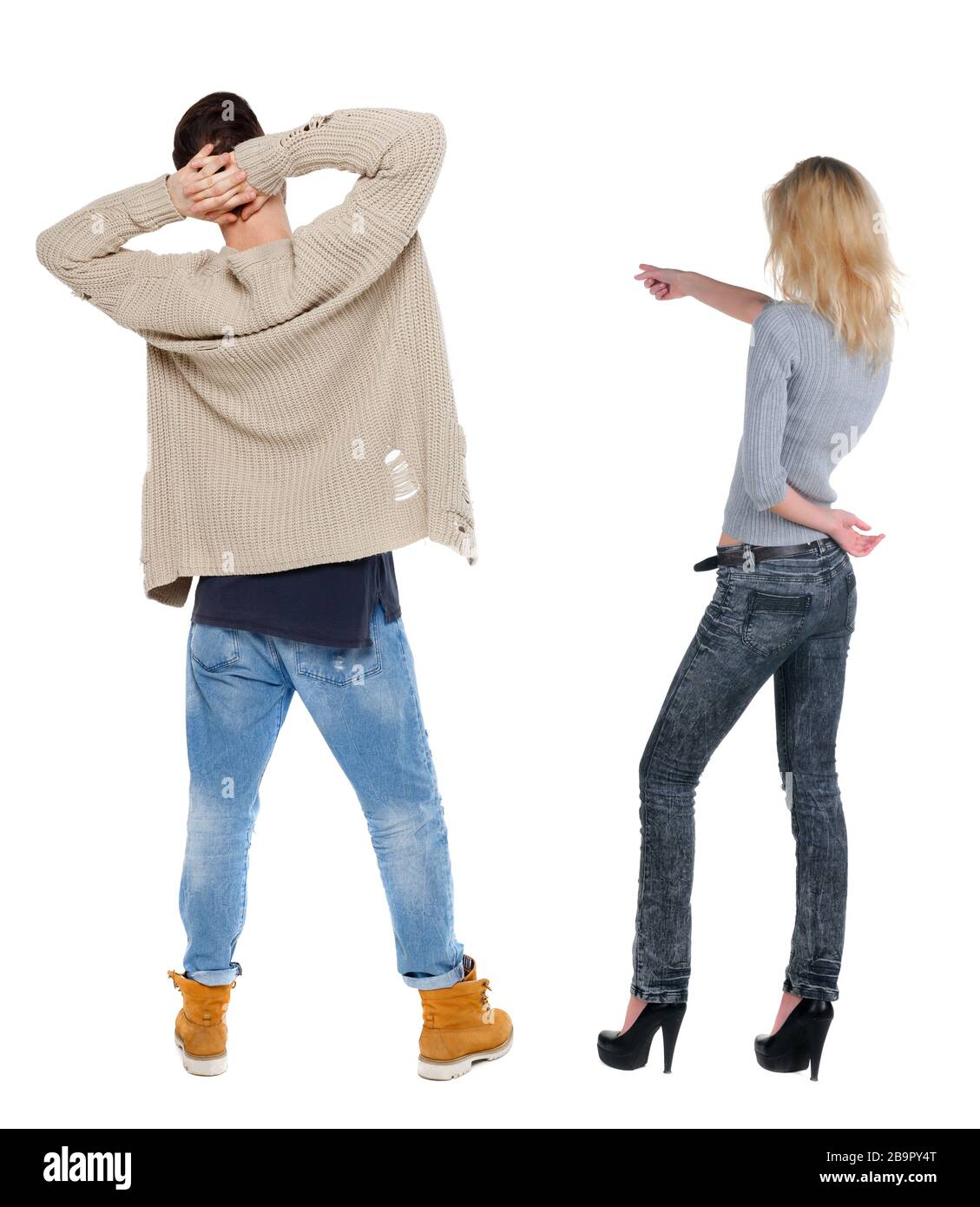 One Rear Face Facing Back view of couple in sweater pointing. Rear view people collection ...