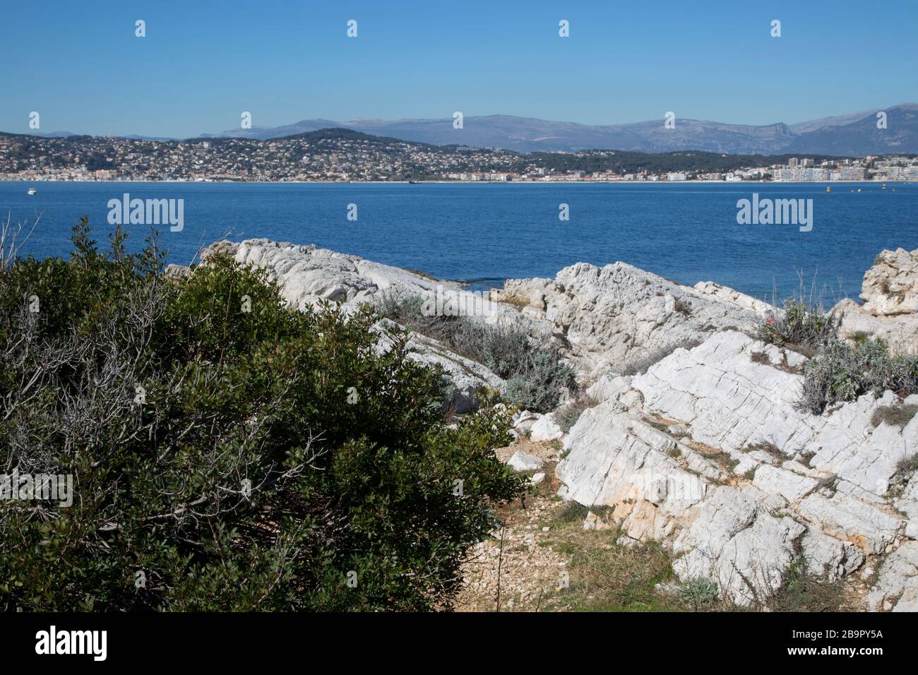 View from the Cap d'Antibes across the the bay towards Juan les Pins, Golfe Juan and Cannes Stock Photo