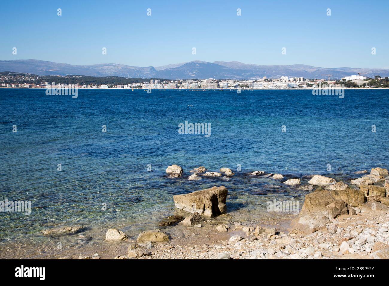 View from the Cap d'Antibes across the the bay towards Juan les Pins, Golfe Juan and Cannes Stock Photo