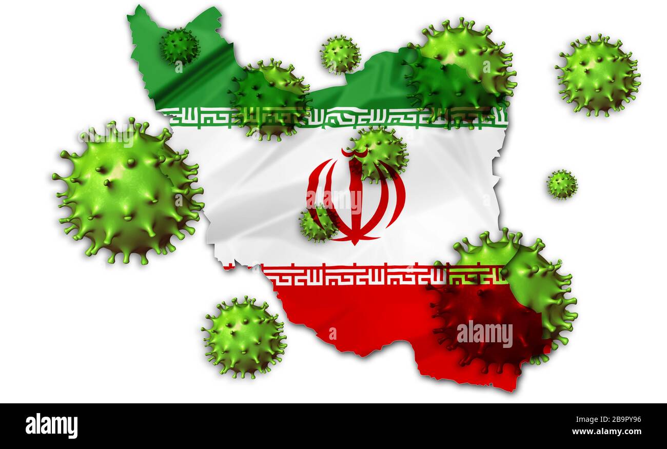 Covid-19 outbreak Coronavirus, 2019-nCoV, virus on Iranian flag map. Covid 19-NCP virus: contagion and propagation of disease in Iran. Pandemic and Stock Photo