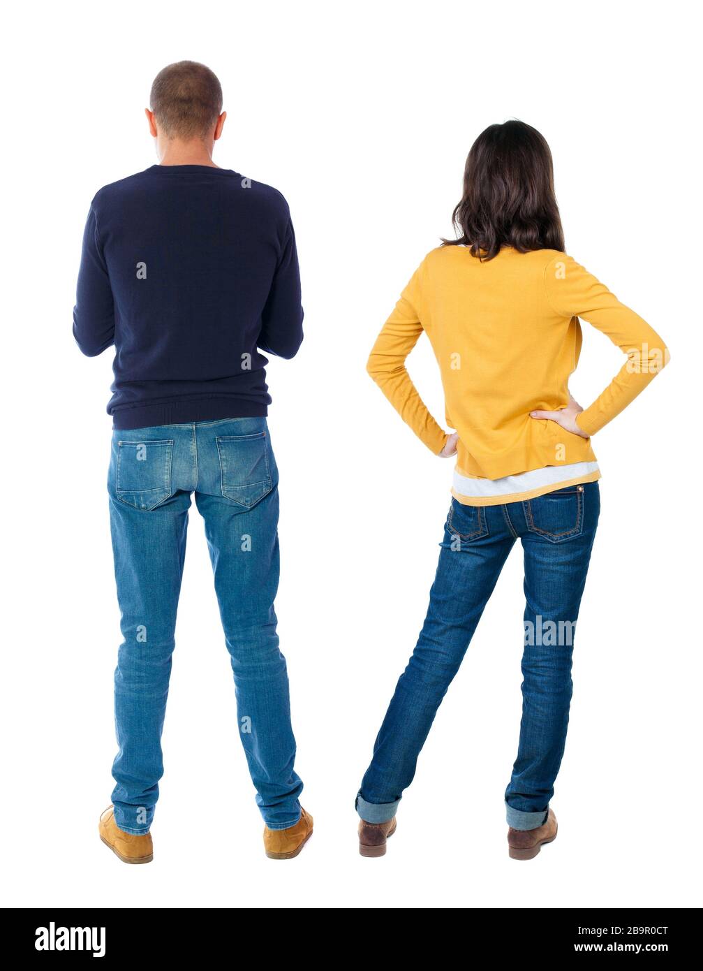 Back view couple in sweater. beautiful man and woman. Rear view people ...