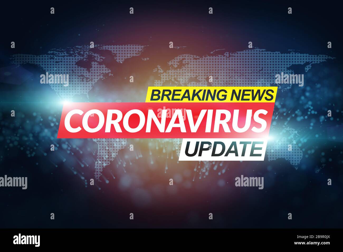 Backdrop for green screen editing for breaking news coronavirus outbreak situation update. Breaking news live stream template on digital world map bac Stock Photo