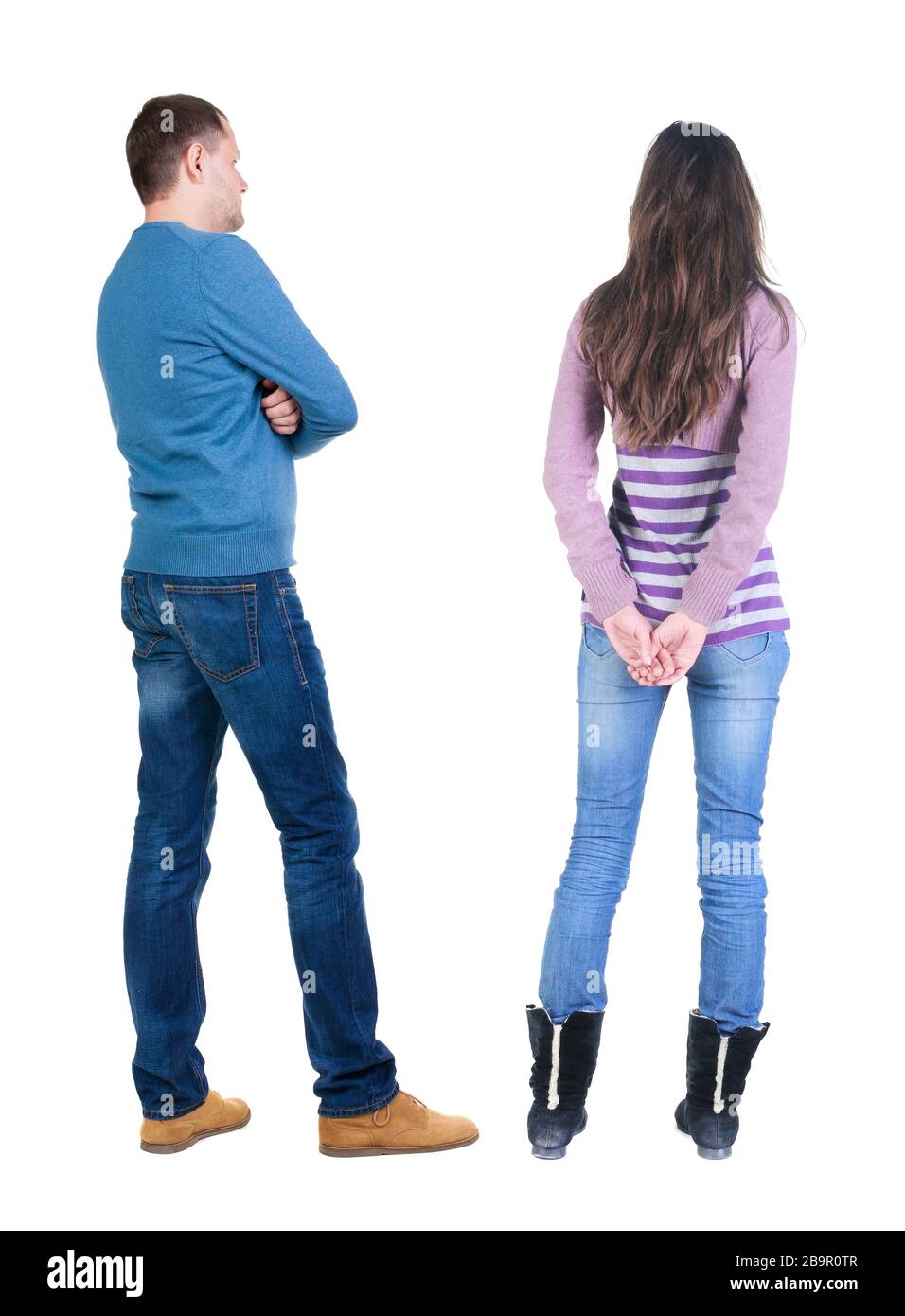 Back view couple in sweater. beautiful man and woman. Rear view people ...