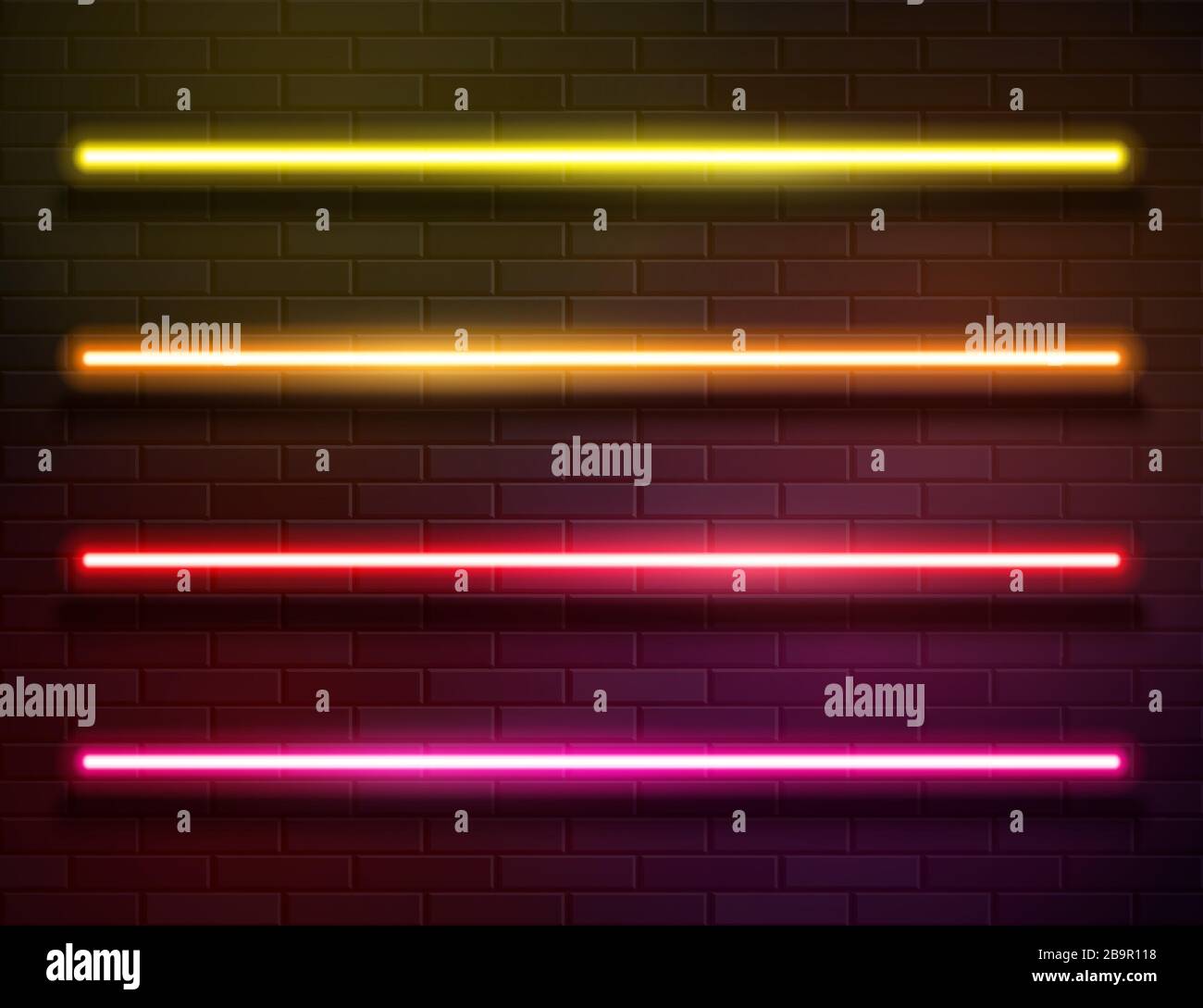 Modern Neon Iridescent Glowing Lines Banner on Dark Empty Grunge Brick Background Stock Vector