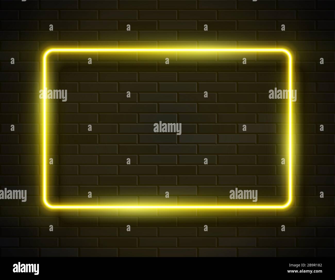 Neon Glowing Rectangle Frame for Banner on Dark Empty Grunge Brick ...