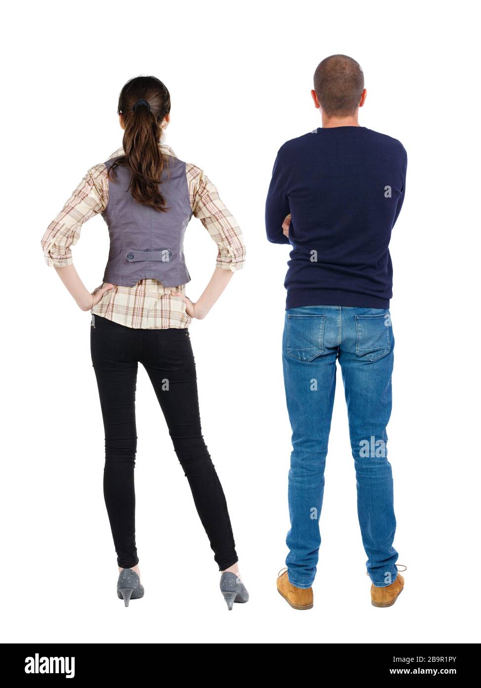 Back view couple in sweater. beautiful man and woman. Rear view people ...