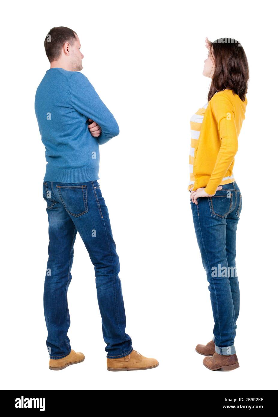 Back view couple in sweater. beautiful man and woman. Rear view people ...