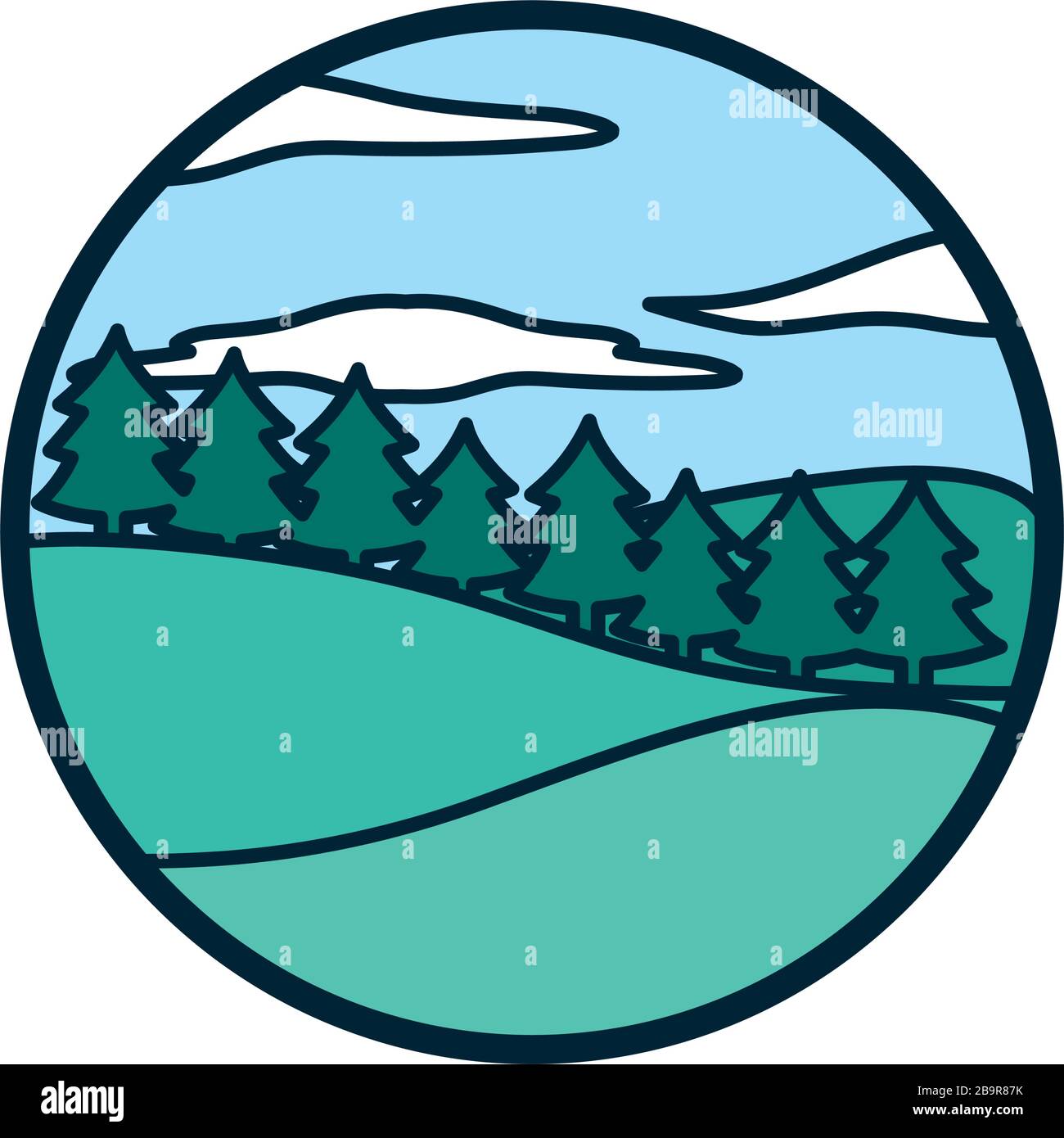 pine trees and clouds line and fill style icon design, Landscape nature ...