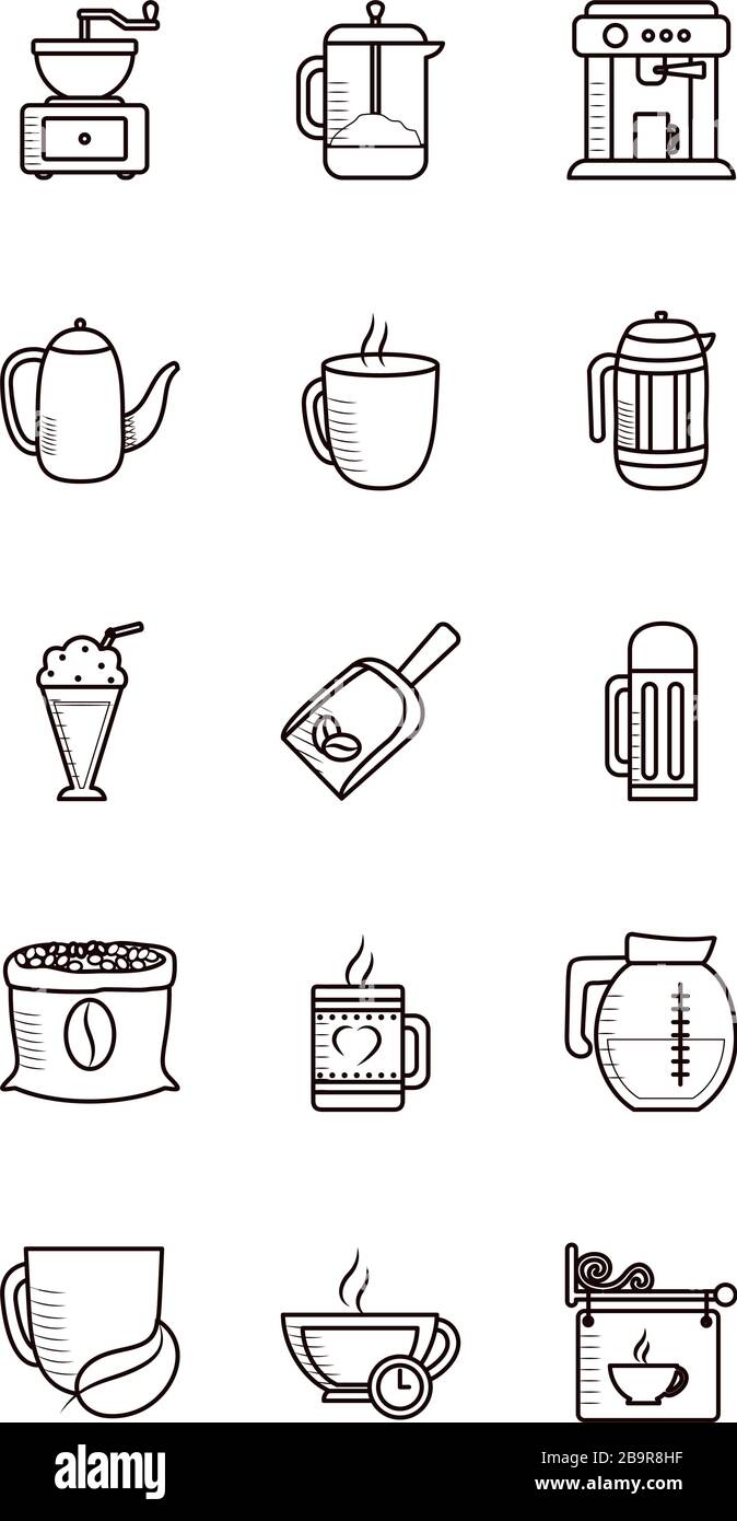 Coffee line style icon set design of time drink breakfast beverage shop ...