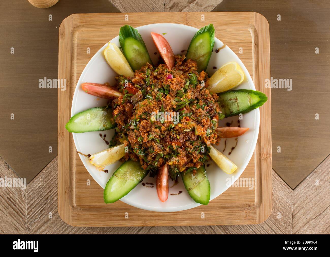 assorted Turkish dishes, hummus, muhamara, mutabal, falafel, shawarma Stock Photo