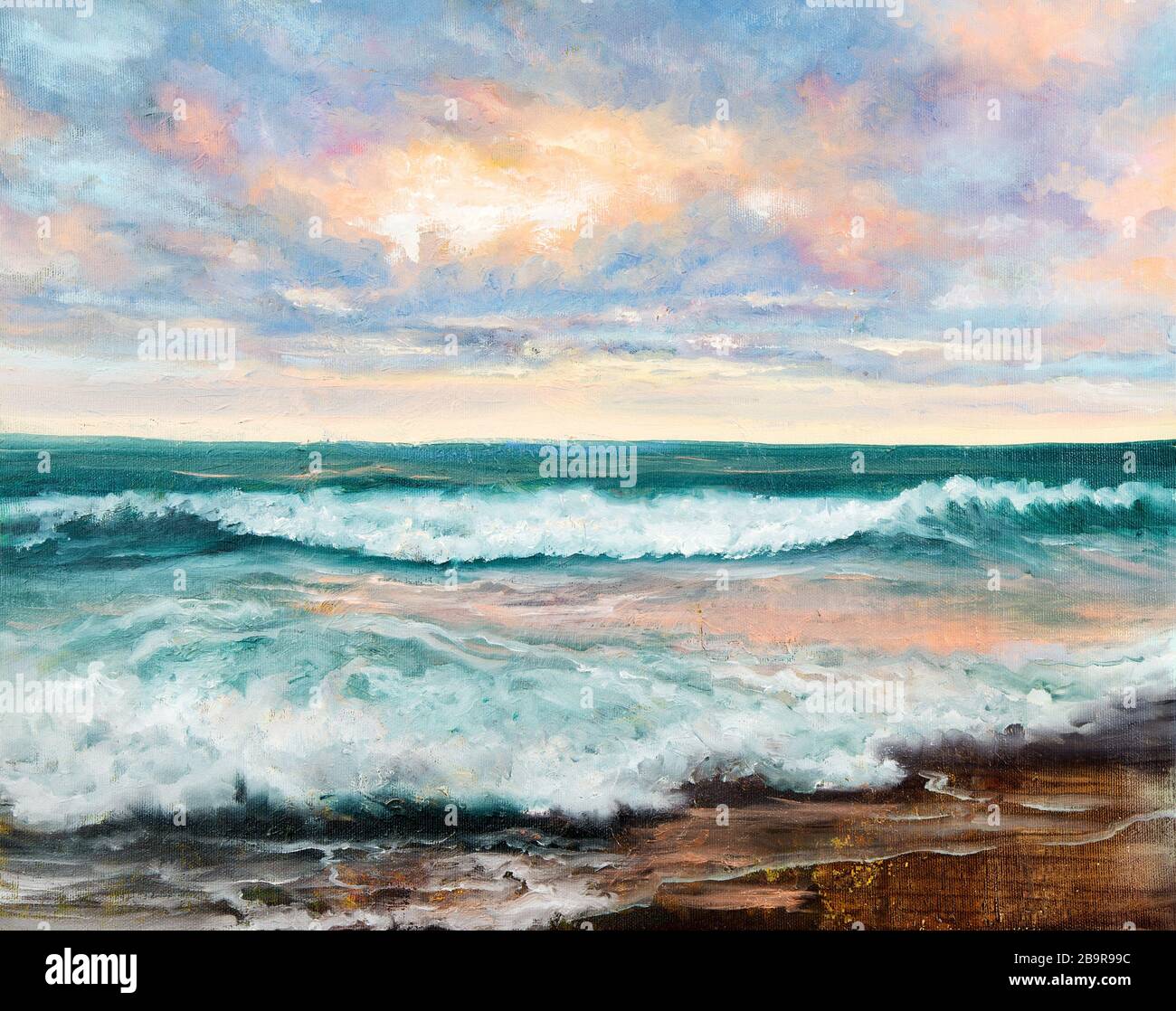 Original  oil painting of beautiful sunset over ocean beach on canvas.Modern Impressionism, modernism,marinism Stock Photo