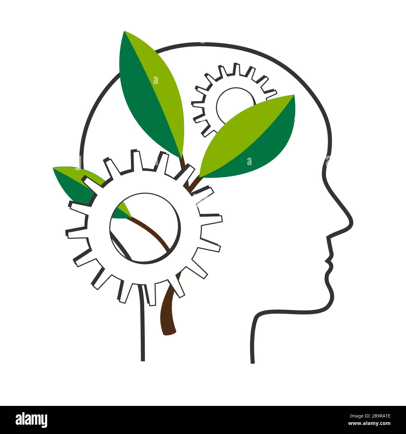 Personal development vector concept. NLP symbol, Natural Language Processing, mental growth idea. Human head with gears and tree Stock Vector