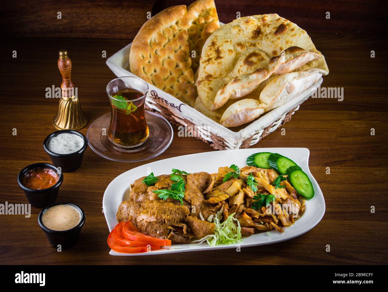 Turkish Traditional Style Beef Fajitas Wrap with colorful bell peppers on tortilla bread. Rustic