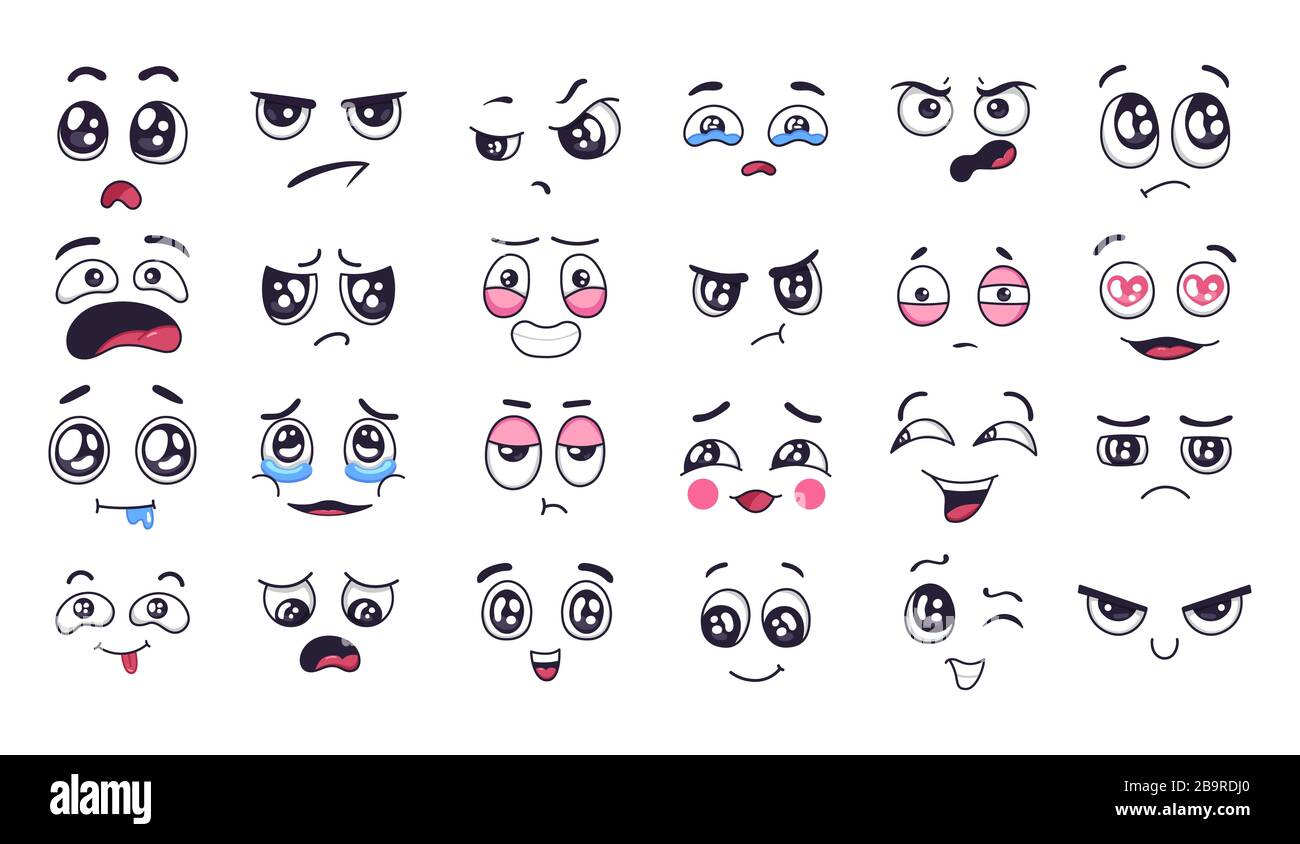 Funny cartoon faces. Face expressions, happy and sad mood. Laughing to tears face, smiling mouth and crying eyes. Doodle different moods vector illust Stock Photo