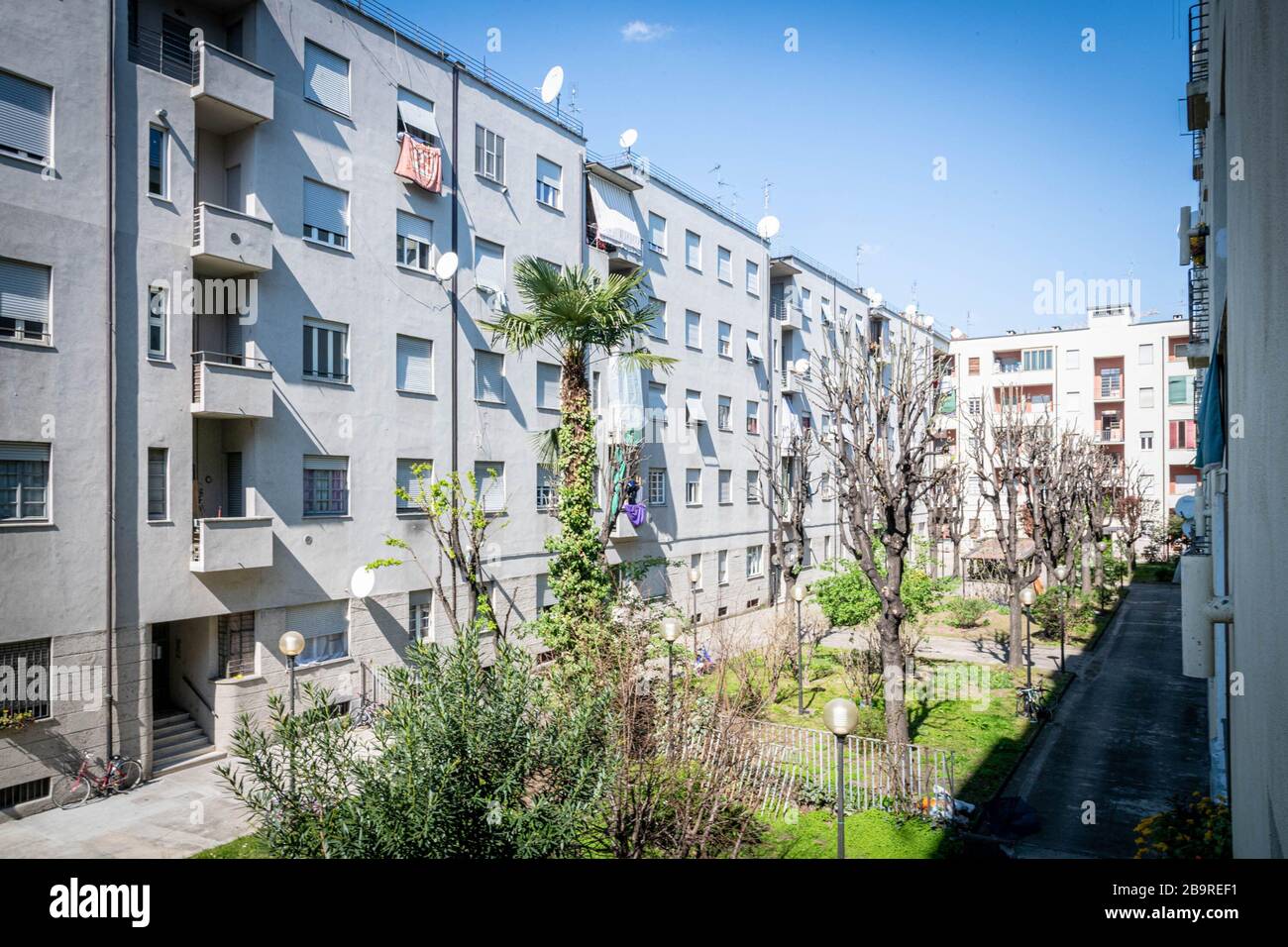 Milan - life in apartment buildings at the time of the Coronavirus. Popular houses viale Publie, Piazzale Cuoco area Editorial Usage Only Stock Photo