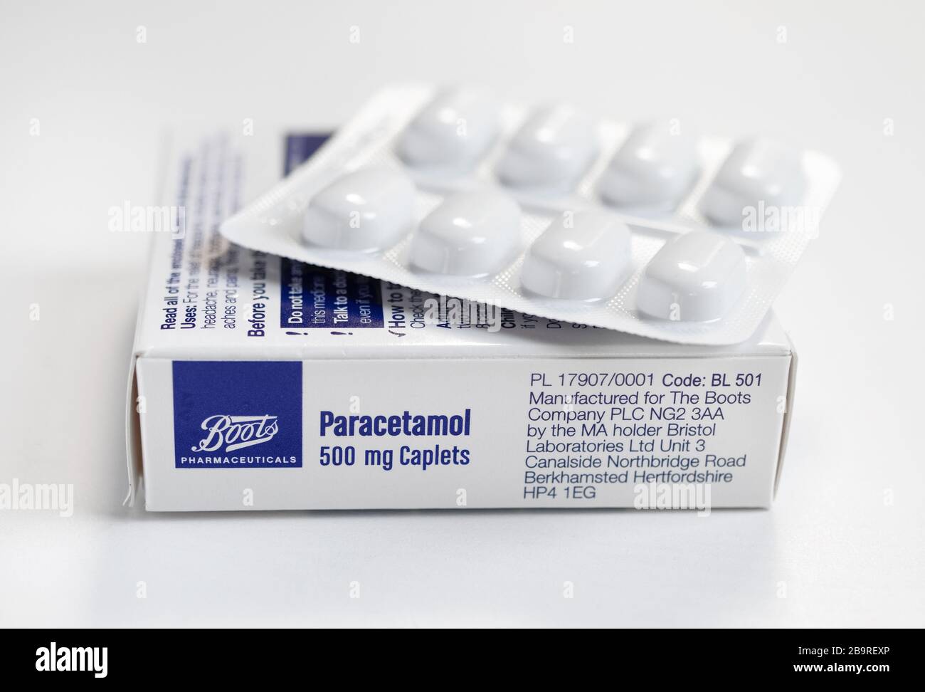 London / UK - March 22nd 2020 - Packet of Paracetamol painkillers from Boots pharmacy, closeup with a shallow depth of field Stock Photo