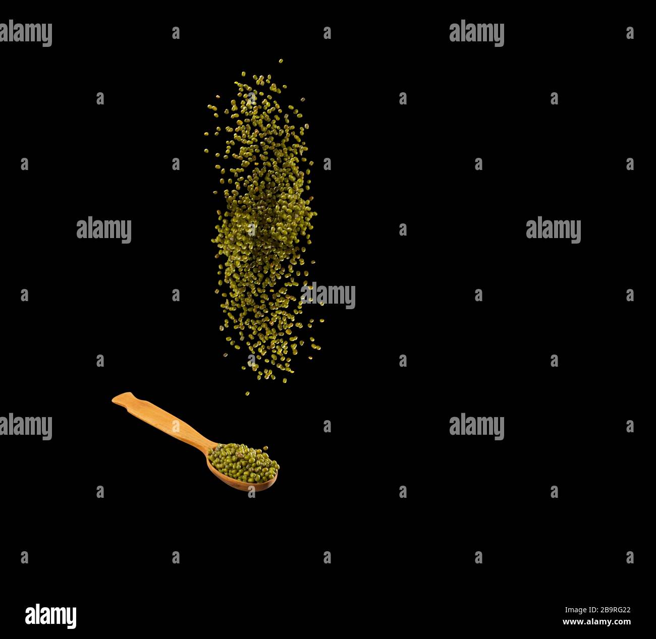 Zero gravity food concept. Mung beans splashing isolated on black background. Healthy food. Stock Photo