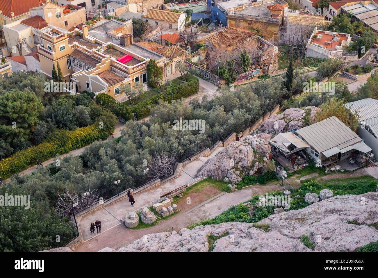 Athens, Greece - February 13, 2020. Aerial view of preserved historic buildings in the Plaka neighborhood of Athens, on the slopes of Acropolis, Greec Stock Photo
