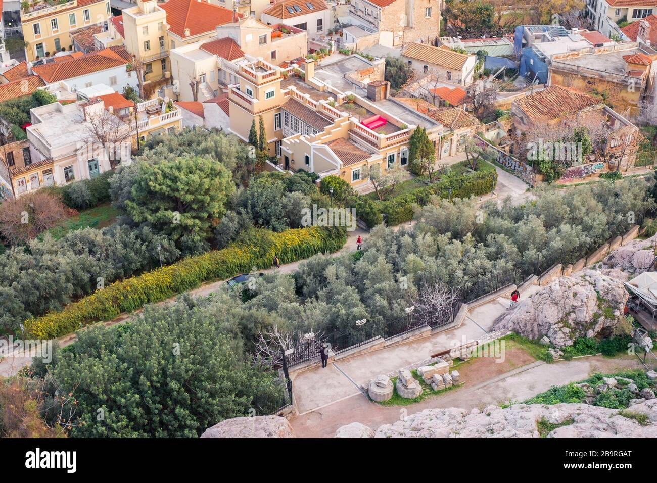 Athens, Greece - February 13, 2020. Aerial view of preserved historic buildings in the Plaka neighborhood of Athens, on the slopes of Acropolis, Greec Stock Photo
