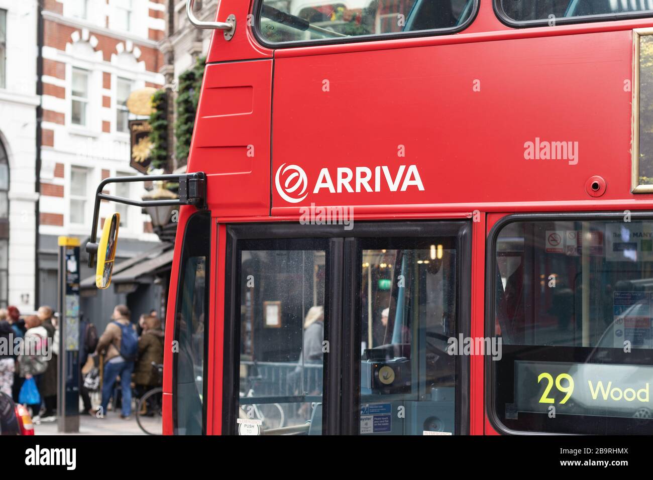 London / UK - February 22nd 2020 - Arriva logo on the side of a red London bus Stock Photo