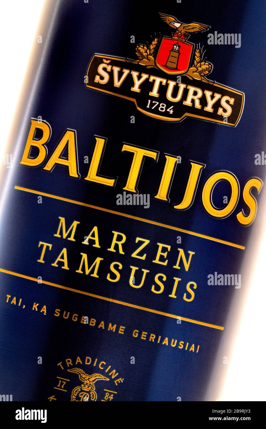 Beer can - Švyturys Baltijos (5.8%) dark red Märzen/ Oktoberfest lager - Lithuanian Stock Photo