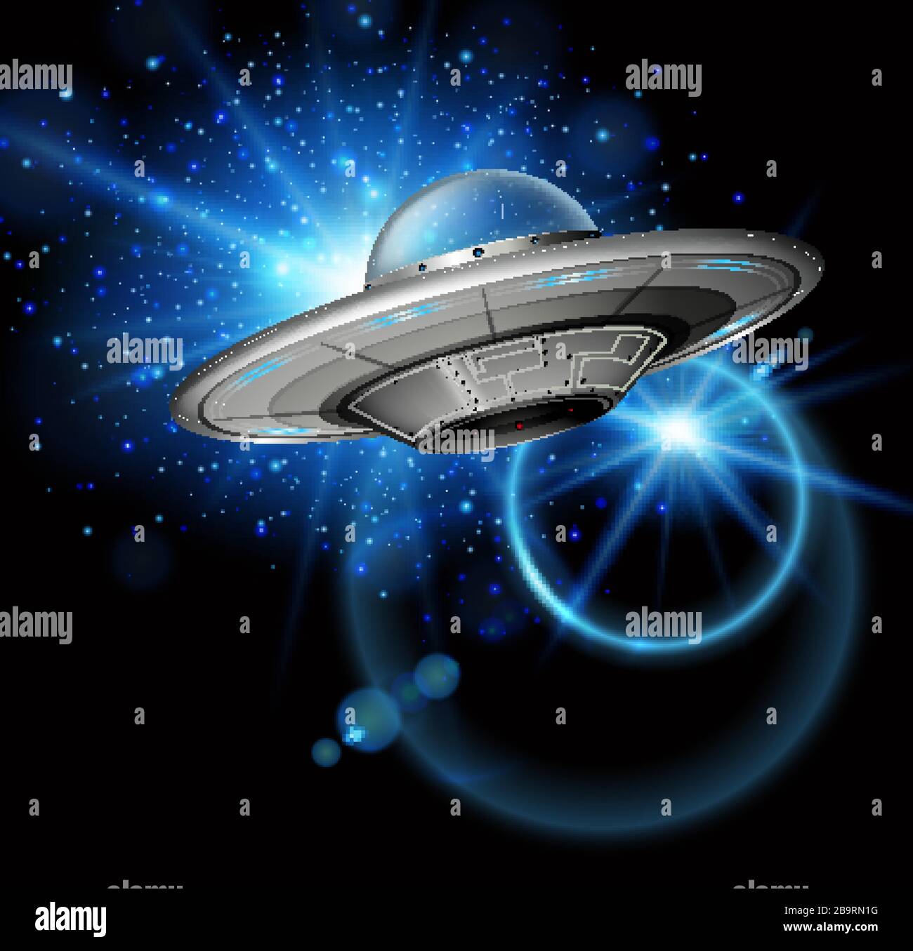 Scene with spaceship flying in the dark galaxy illustration Stock ...
