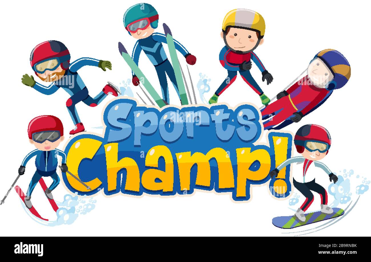 Font design template for word sports champ with people doing winter