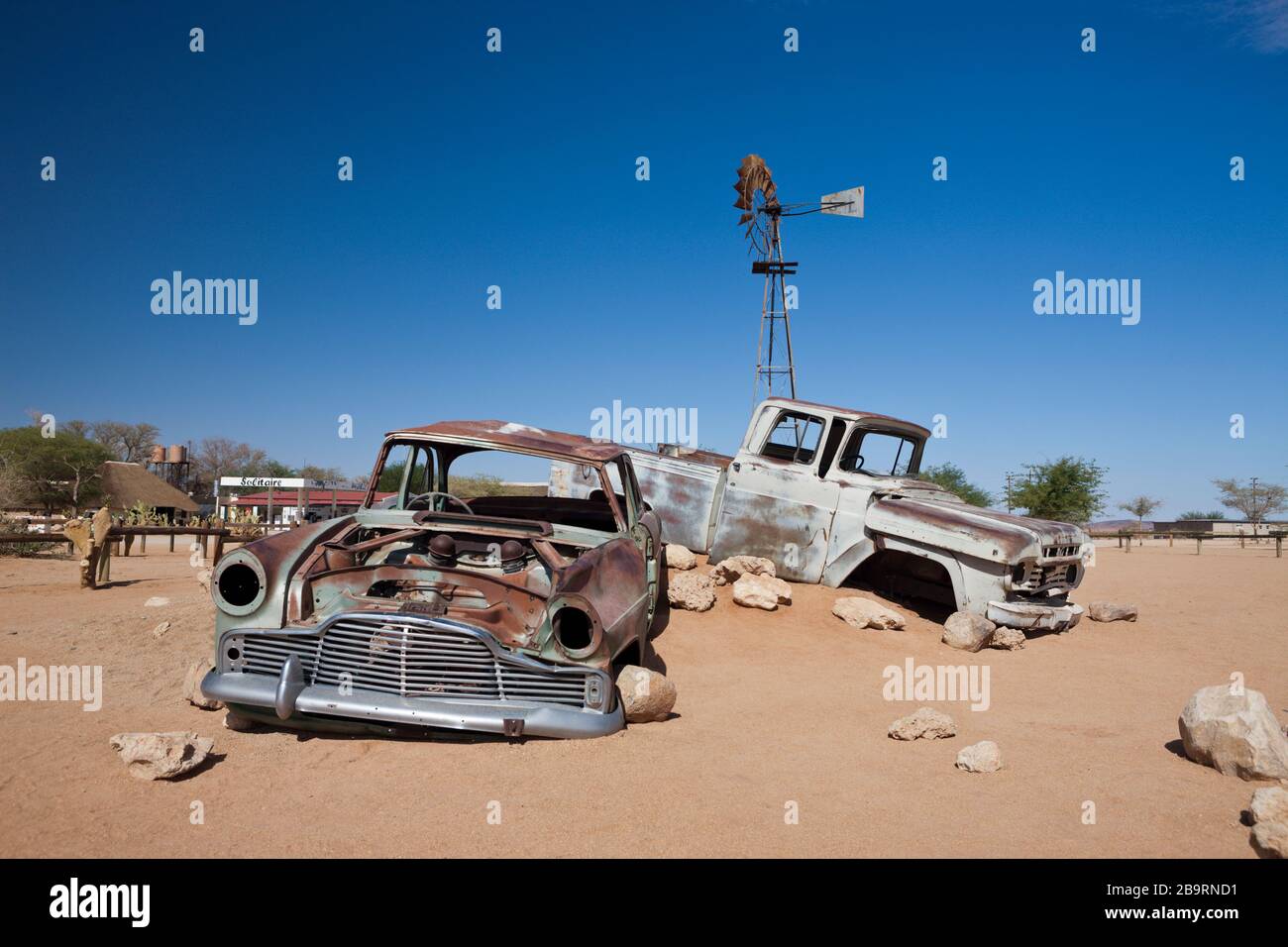 Car Wreck at Solitaire, Namib Naukluft Park, Namibia Stock Photo