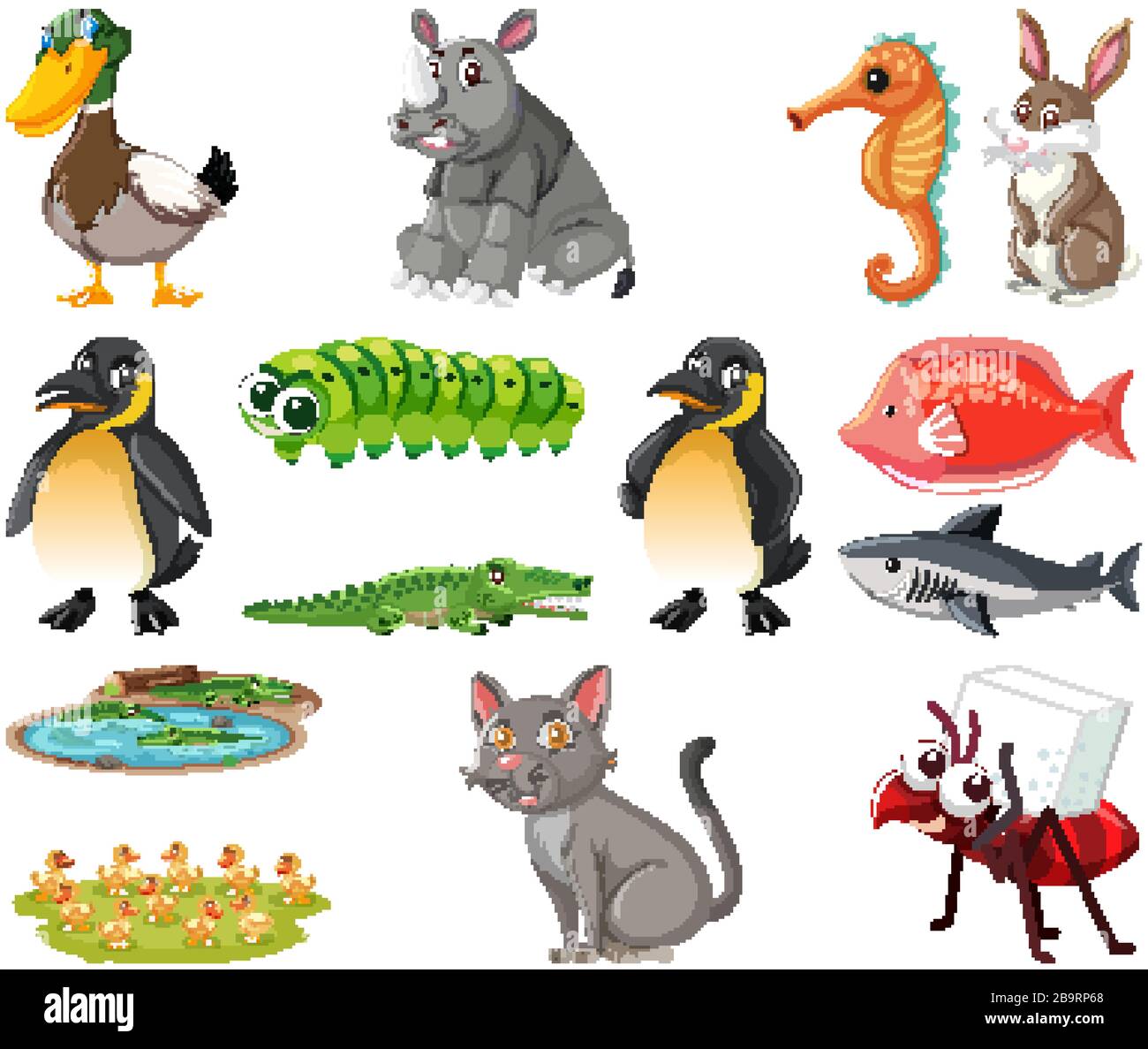 Large set of different types of animals on white background ...