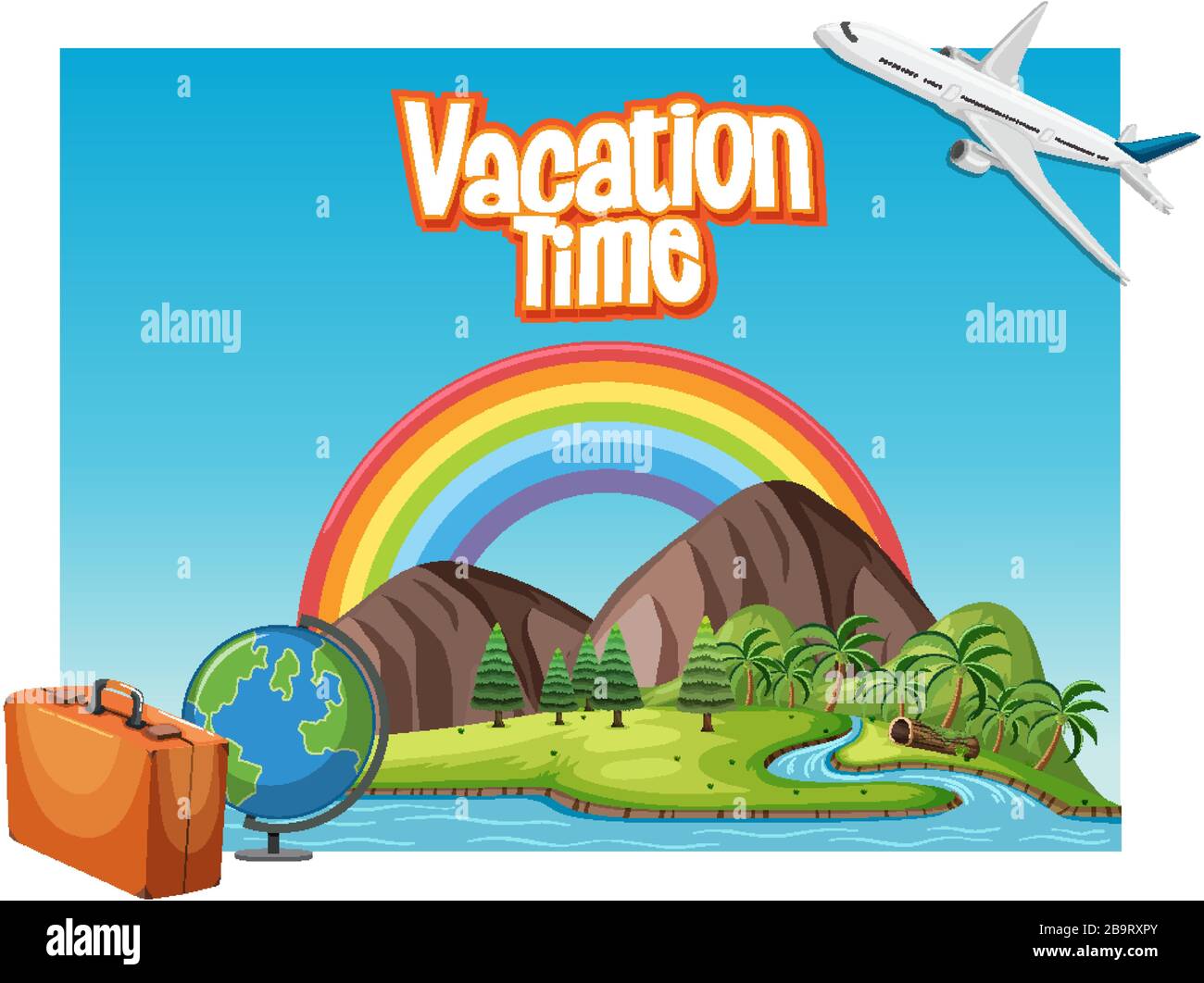 Font design template for word vacation time with airplane flying