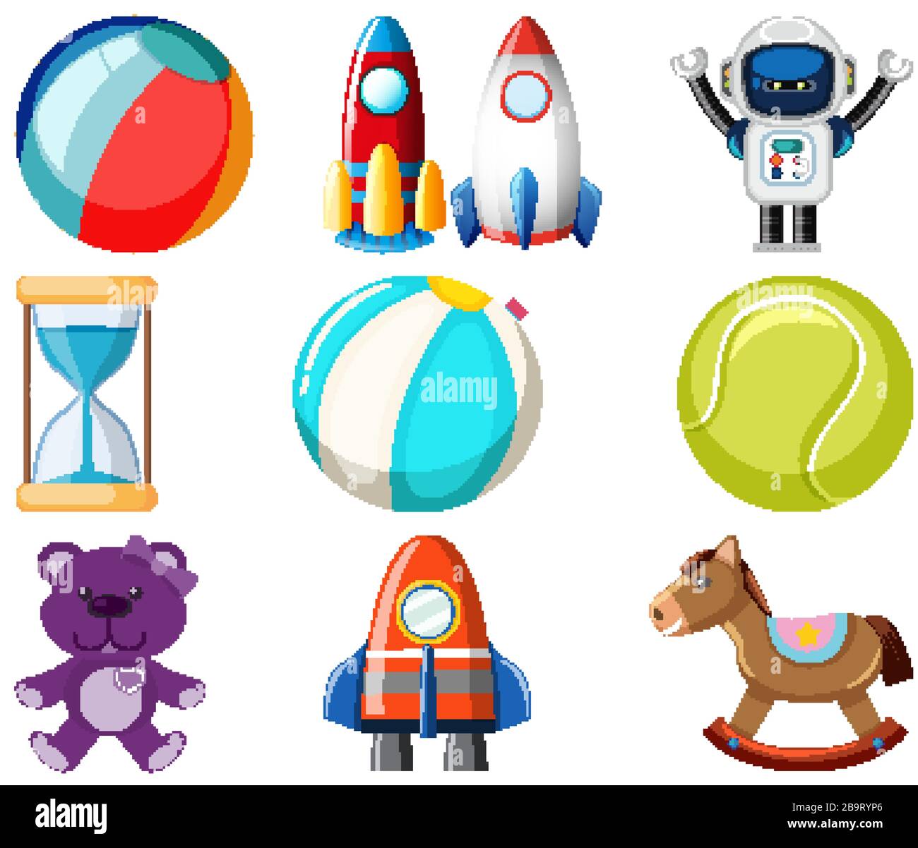 Large set different toys on white background illustration Stock Vector