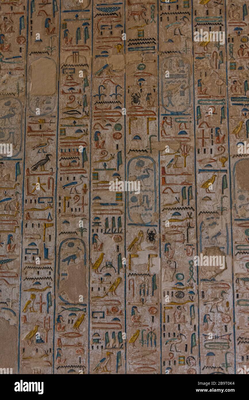 Luxor, Gouvernment al-Uqsur/Egypt - December 9, 2018: Kings Valley in Luxor, Upper Egypt in the early morning. Interior views of graves, wall painting Stock Photo